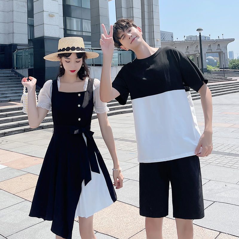 情侣装夏装2021新款ins潮流短袖t恤超火连衣裙中长裙法式一衣一裙 黑色短裤 M