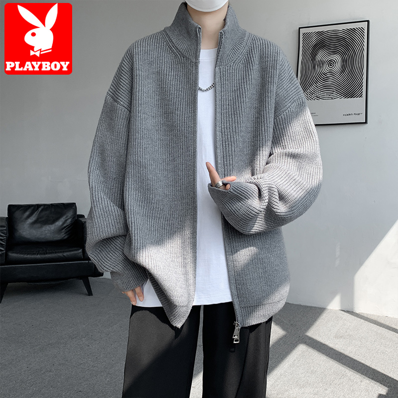 花花公子拉链开衫毛衣男秋冬季复古慵懒潮牌宽松针织衫高级感外套 灰色 L