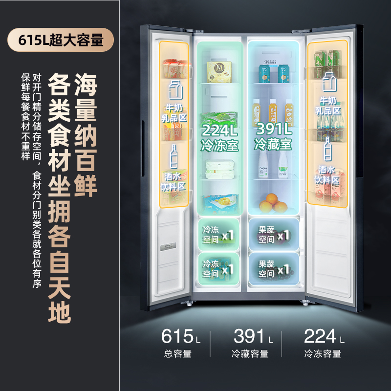 新飞(Frestec)615升零嵌入式冰箱全空间除菌净味风冷无霜变频一级底部散热双开对开门冰箱BCD-615WKQ9AT高清大图