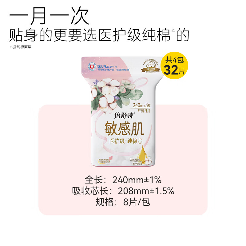 倍舒特医护级纯棉超吸收日用卫生巾240mm32片CM34108L4高清大图