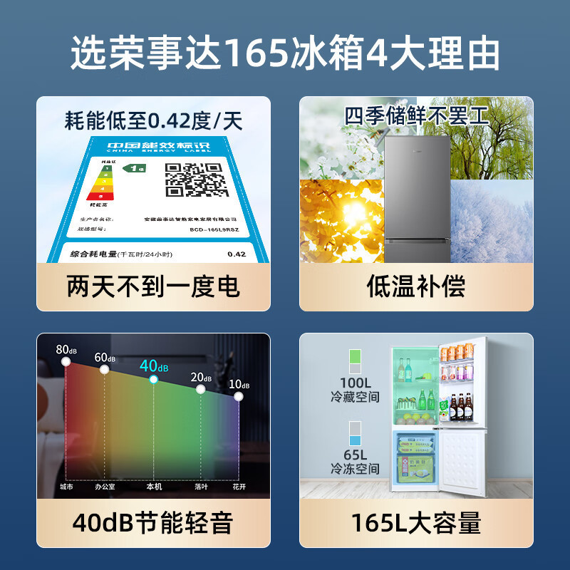 荣事达165升迷你冰箱小型家用租房冰箱宿舍小冰箱大容量节能低音BCD-165L9RSZ(钛深灰)