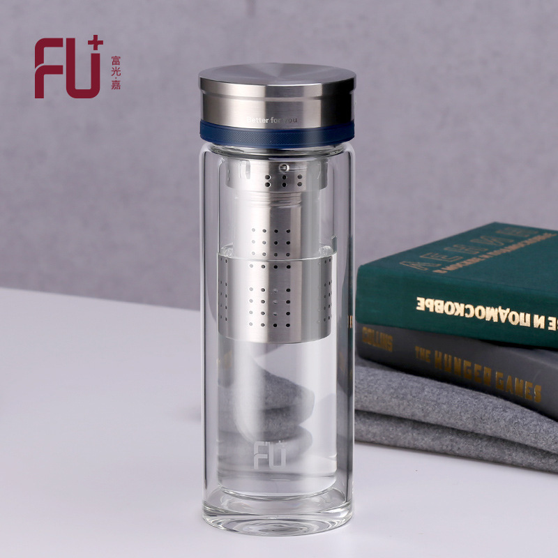 富光(FGA)FU+刚系列双层玻璃杯带盖过滤泡茶杯男高档便携礼盒装水杯子