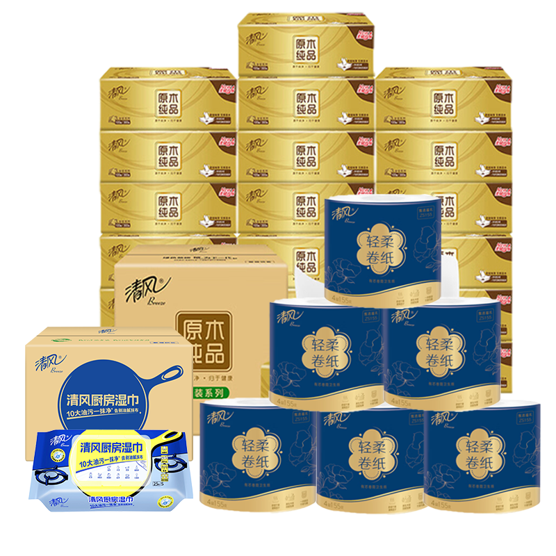 清风纸品组合 金装M号3层100抽*20包*1箱+卷筒卫生纸(有芯卷纸)155g*18卷*1箱+清风厨房湿纸巾25片4包