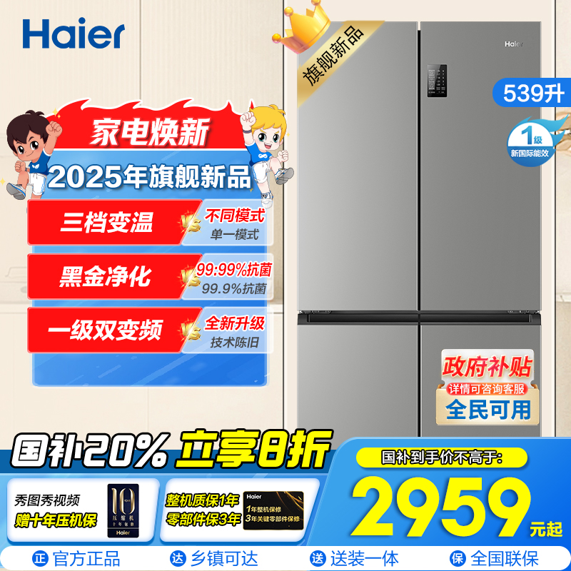 海尔(Haier)539L大容量三档变温黑金净化一级双变频WIFI智能联网旗舰新品 BCD-539WGHTDEDH9U1