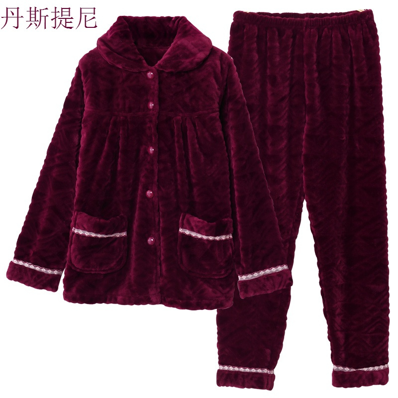 冬天睡衣女秋冬珊瑚绒加绒加厚保暖中年妈妈冬款法兰绒家居服套装