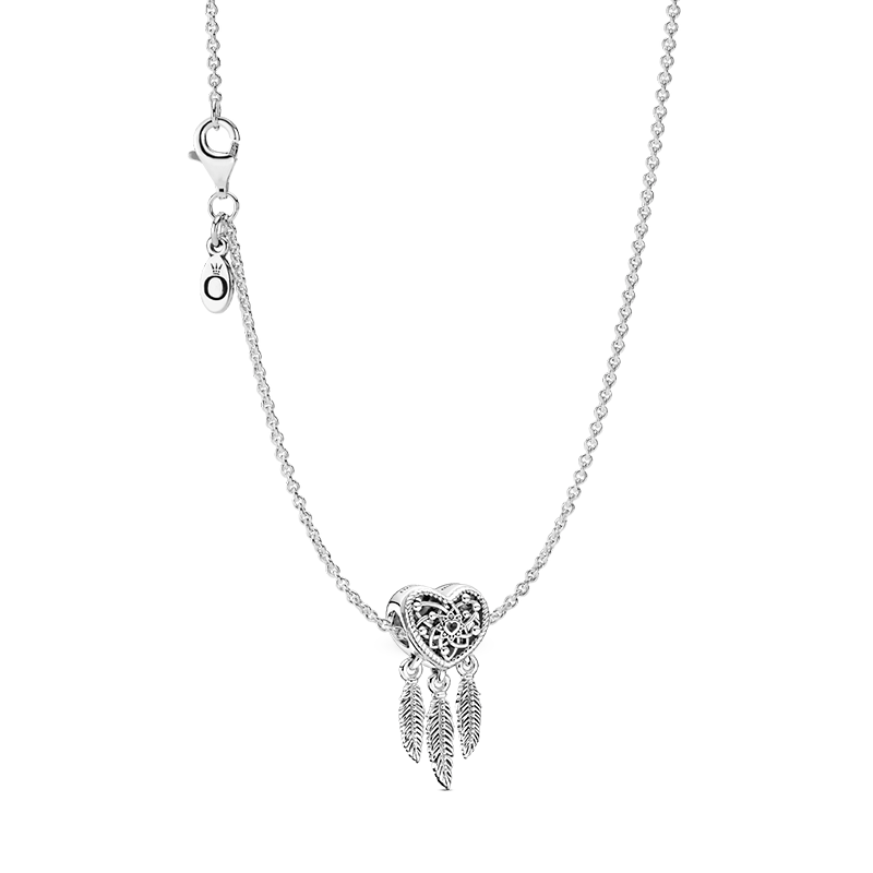 潘多拉925银镂空爱心三片垂羽捕梦网串饰项链视频