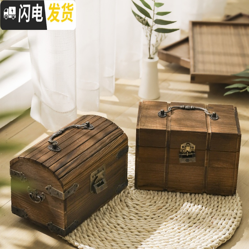 三维工匠实木带锁存钱罐复古藏宝箱网红储蓄罐只进不出创意成人儿童 方形宝箱高清大图