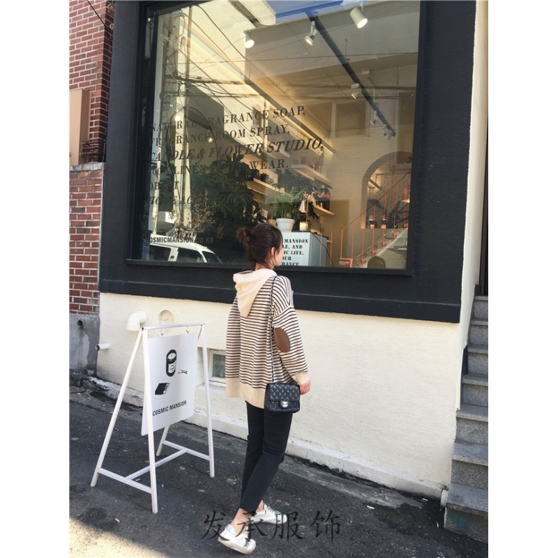 2018秋冬新款羊绒连帽卫衣女套头宽松大码条纹毛衣针织打底衫韩版