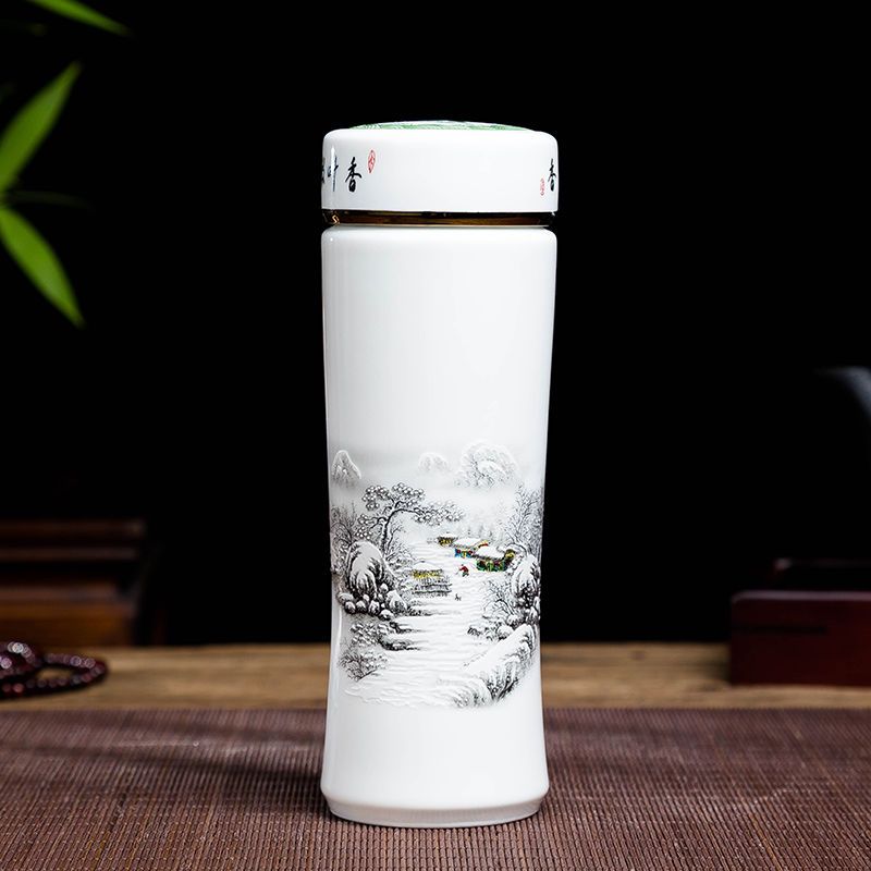 大吉大利 景德镇陶瓷茶杯保温杯带盖男女泡茶青花瓷水杯内胆办公杯携带方便