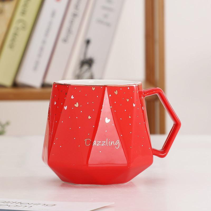 钻石星空红色 单杯 创意北欧风陶瓷马克杯带盖勺男女生个性办公室家用泡茶咖啡喝水杯