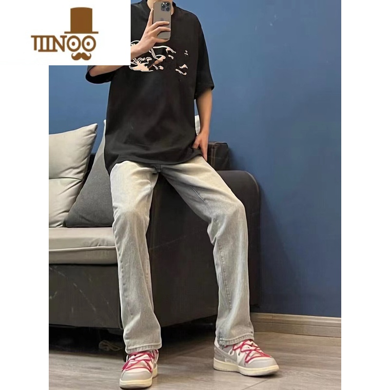 YANXU黄泥水洗做旧牛仔裤男韩版痞帅男生直筒裤潮牌百搭休闲九分裤黄高清大图