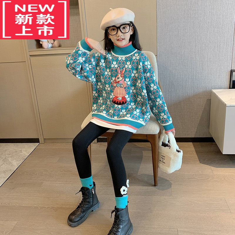 可莉允女大童秋冬款加绒加厚毛衣洋气半高领2022新款冬季儿童针织打底衫