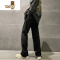 YANXU毛边破洞直筒牛仔裤男夏季美式高街黑色小脚裤修身长裤子