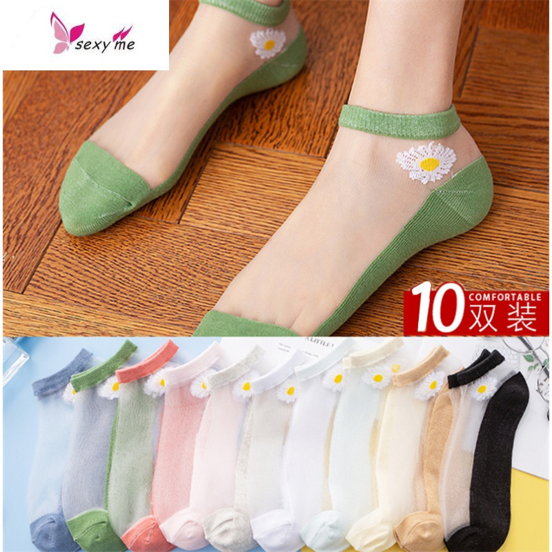 花朵蕾丝袜子女小雏菊短袜丝袜棉夏薄款透明玻璃丝水晶棉袜网红fish