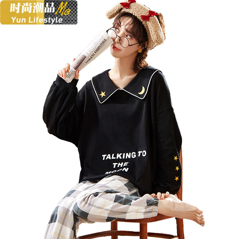 YUNWUXIN大码睡衣女春秋翻领棉可爱胖mm星月图案ins200斤宽松家居服套装睡衣