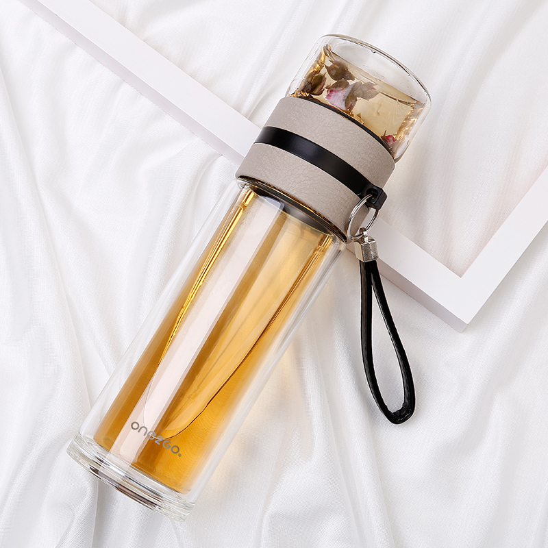 ONE2GO 双层玻璃杯茶水分离泡茶杯男创意便携水杯过滤随水杯 340ml