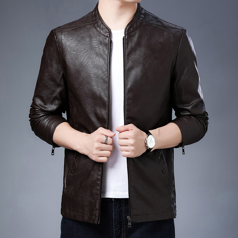 啄木鸟皮衣新款2025男士春秋立领加绒皮夹克百搭外套休闲上衣高清大图