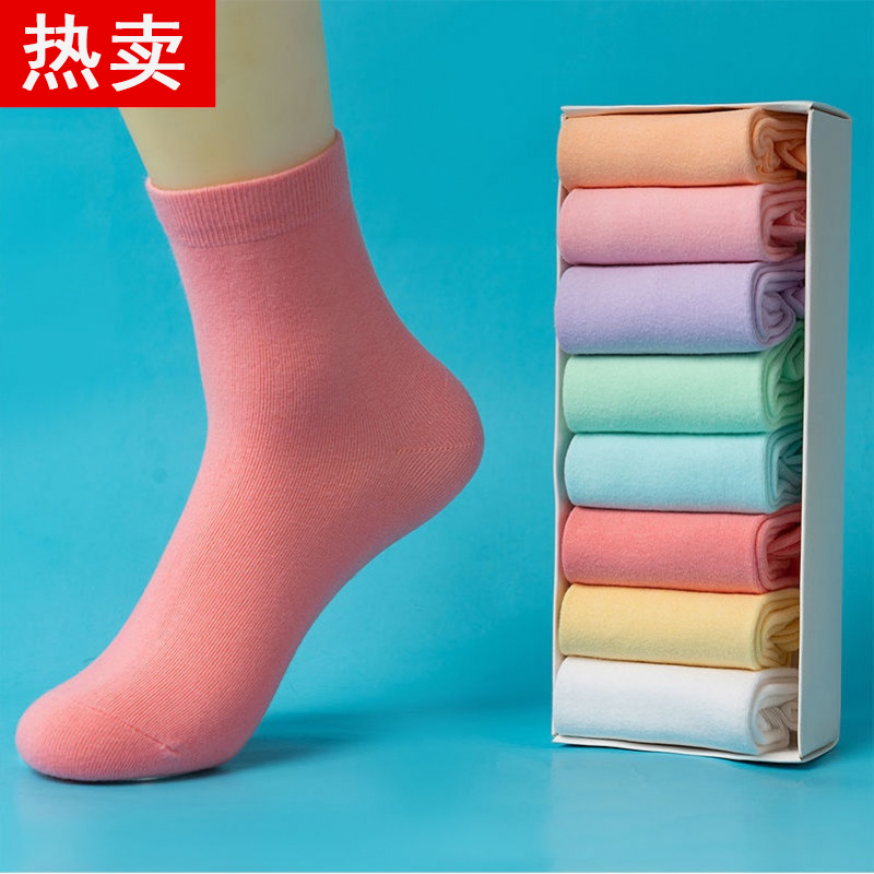 [5-8双]袜子女韩版中筒袜秋冬款纯色棉袜运动长筒袜高清大图