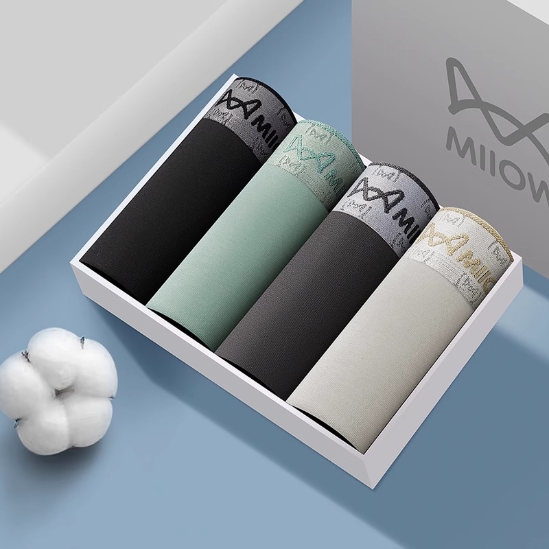 猫人男士内裤纯棉男生透气抗菌男式四平角裤衩大码裤男2025款 （4条装）黑色、深灰、浅灰、浅绿 2XL