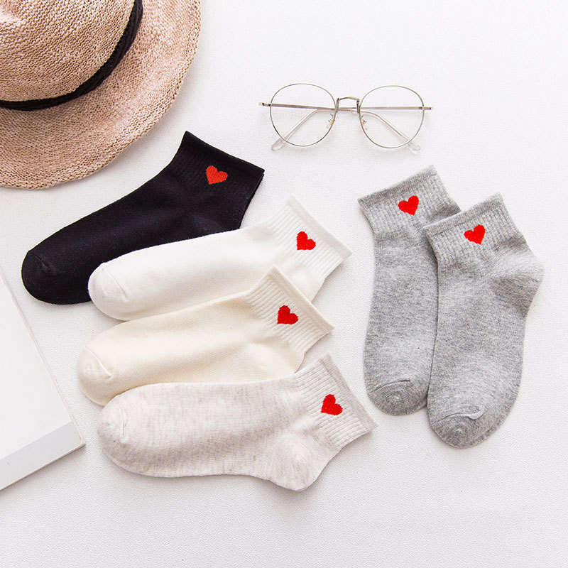 俞兆林袜子女春季纯棉短筒袜女士低帮纯色袜子学院风心形百搭女袜短袜女5双装高清大图