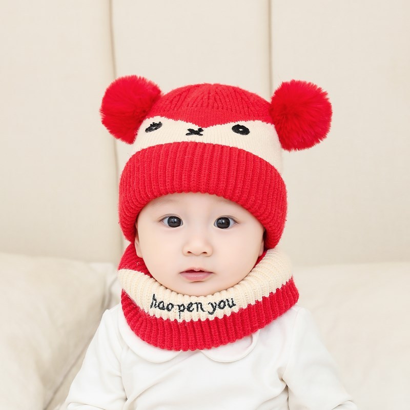 冬款宝宝加厚保暖帽子围脖两件套婴儿毛线帽萌宝宝围脖针织帽