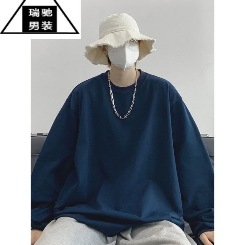 希杰狮王酒红色螺纹领口t恤男长袖美式薄款卫衣oversize小领口打底衫秋衣图片