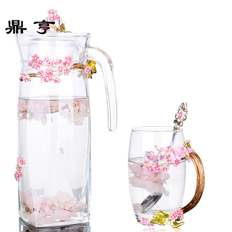 鼎亨创意粉兰梅珐琅彩花茶杯果汁杯子家用耐热玻璃水杯咖啡杯