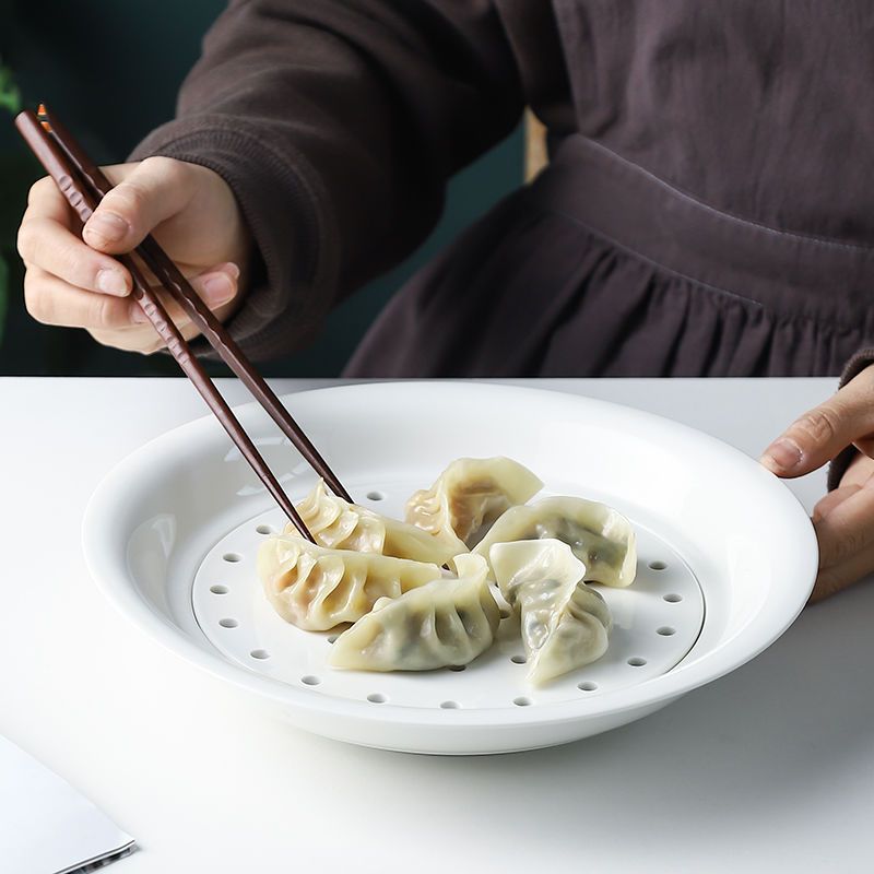 双层沥水陶瓷饺子盘餐盘圆形家用大号水饺盘三文鱼寿司盘蒸鱼盘饺子盘