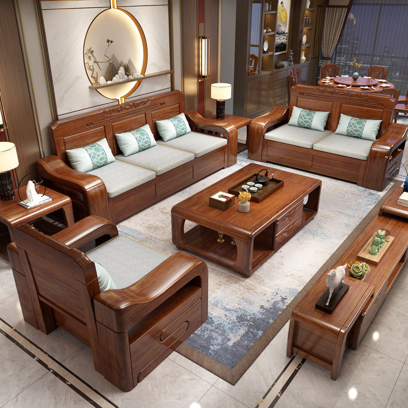 和谐爱巢现代中式胡桃木实木沙发组合客厅储物大户型冬夏两用贵妃木