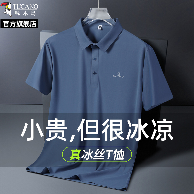 啄木鸟官方旗舰店爸爸短袖t恤男士中老年冰丝polo衫2025新款木短高清大图
