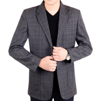 春秋中老年男士西服外套爸爸装单西便服中年休闲免烫薄款单件西装 格子卡其色 175/76（建议145-160斤穿）