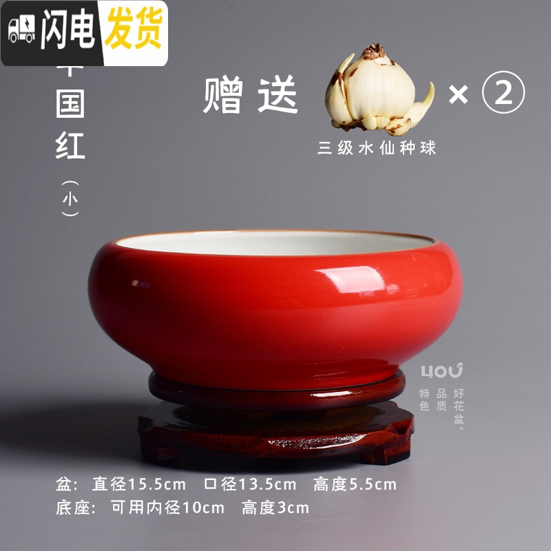 三维工匠水仙花盆陶瓷中国风红色养水仙的花盆家用创意水培无孔水养盆栽 [白瓷小号+底座10cm+三级水仙2颗] 大花盆容器