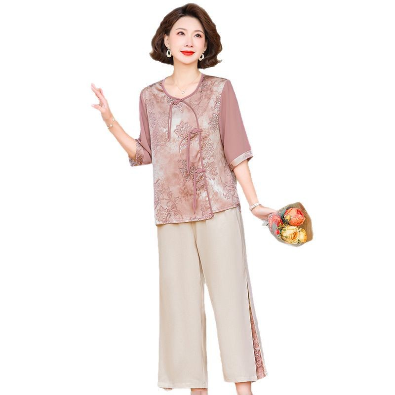 纤孜雅 夏季妈妈装中式国风短袖套装2025夏季新款中老年婆婆大码两件套高清大图