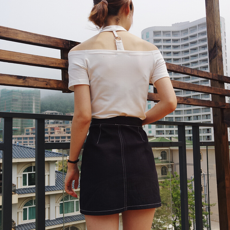 春夏女装韩版修身显瘦短款黑色T恤露肩一字领短袖挂脖上衣打底衫黑色均码