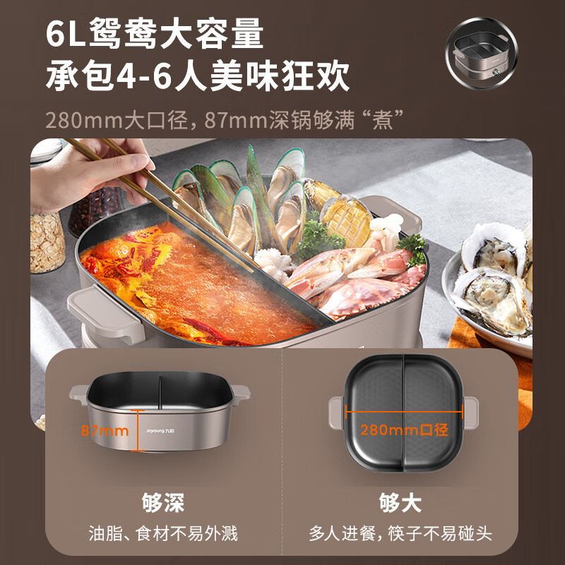 九阳(Joyoung) [太空系列] 鸳鸯电火锅大容量家用多功能分体式锅鸳鸯电煮锅配煎烤盘多档调节 HG60-G955高清大图