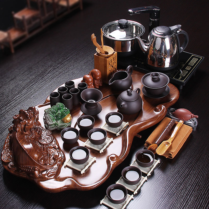 百鸿 整套茶具套装紫砂功夫茶具茶壶茶杯科技木茶盘四合一 压板貔貅19头紫砂带电热炉套装
