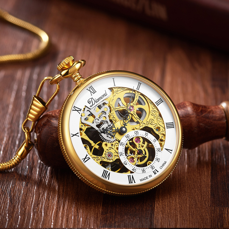 上海钻石牌怀表男机械表纪念手表9002男士镂空防水复古男士怀表送爸爸