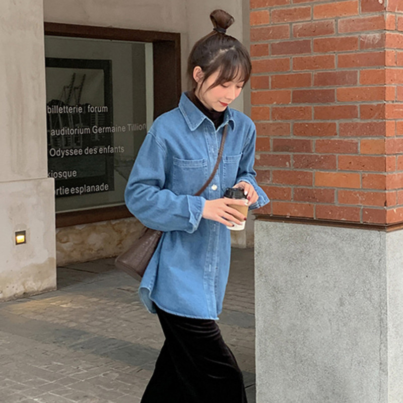 唐狮春长袖牛仔衬衫女港味复古时尚chic衬衫外套