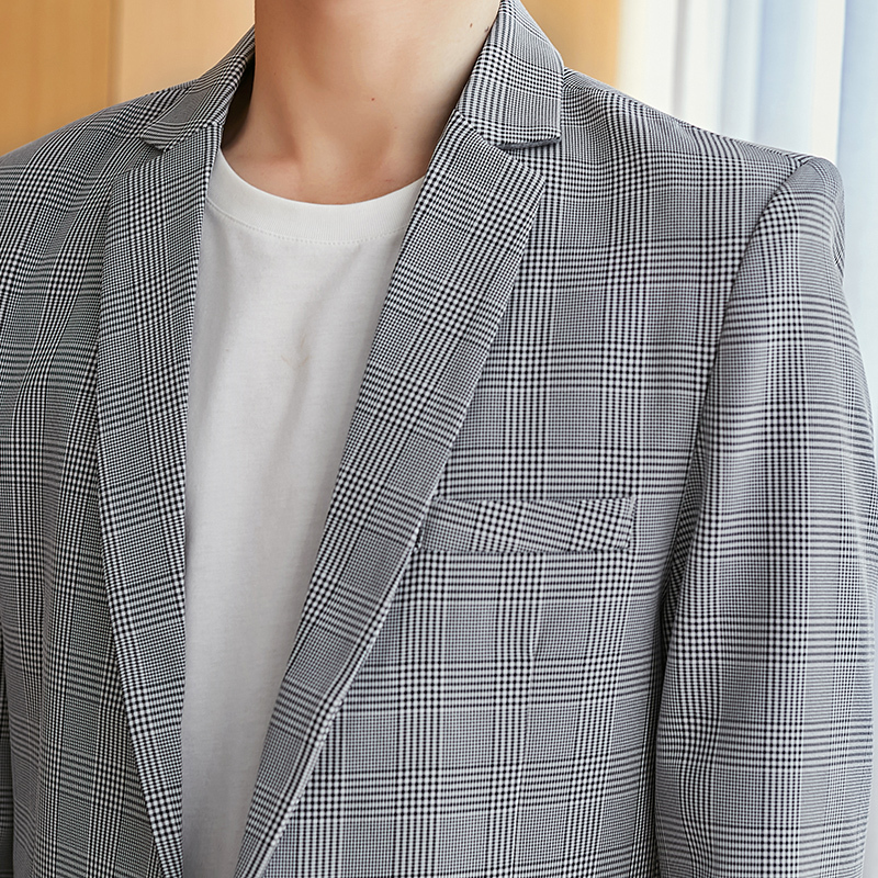 春季新款休闲西服外套男帅气潮流格子西装男青年痞帅修身单西上衣KLGG 9722