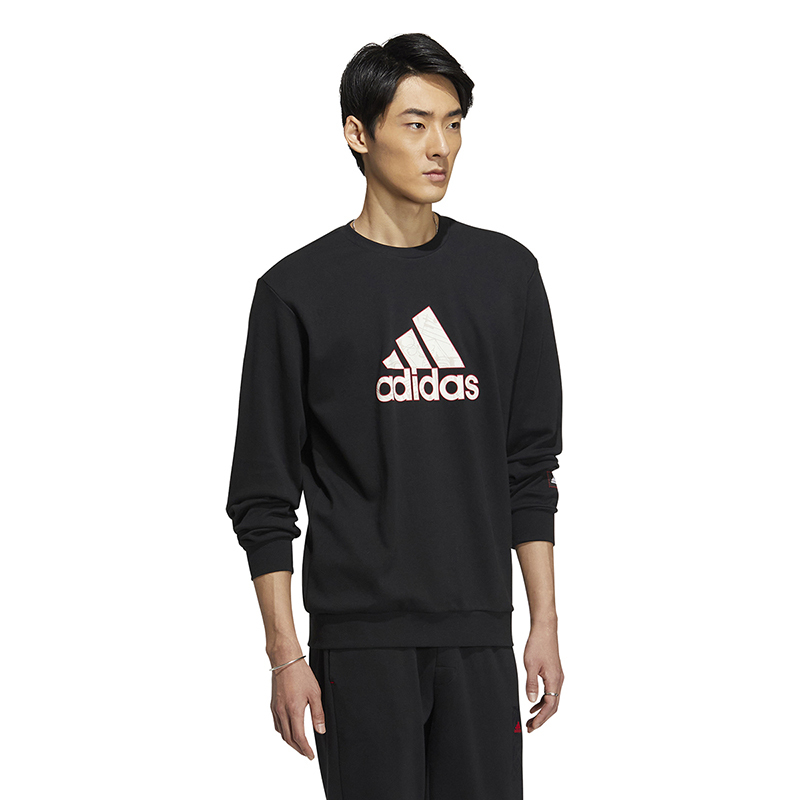 adidascny新年款logo印花运动休闲圆领套头卫衣男款黑色hz3023