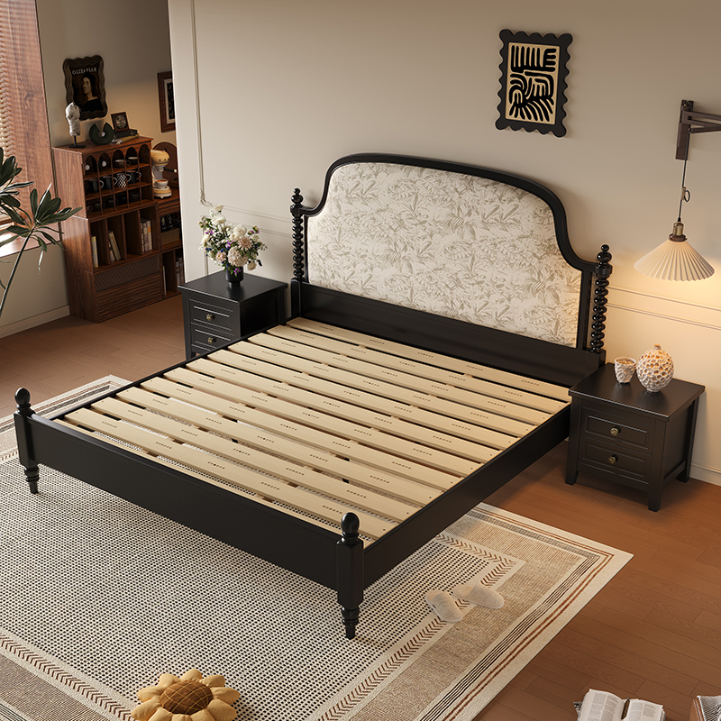 欧梵森(OUFANSEN) 法式复古实木床1.8米主卧双人床美式软包床黑色中古风画屏床婚床高清大图