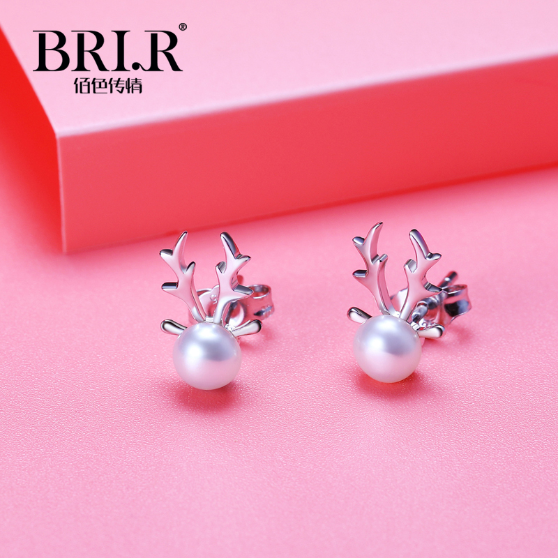 佰色传情(BRIR)S925纯银镶淡水珍珠耳钉 鹿角耳饰