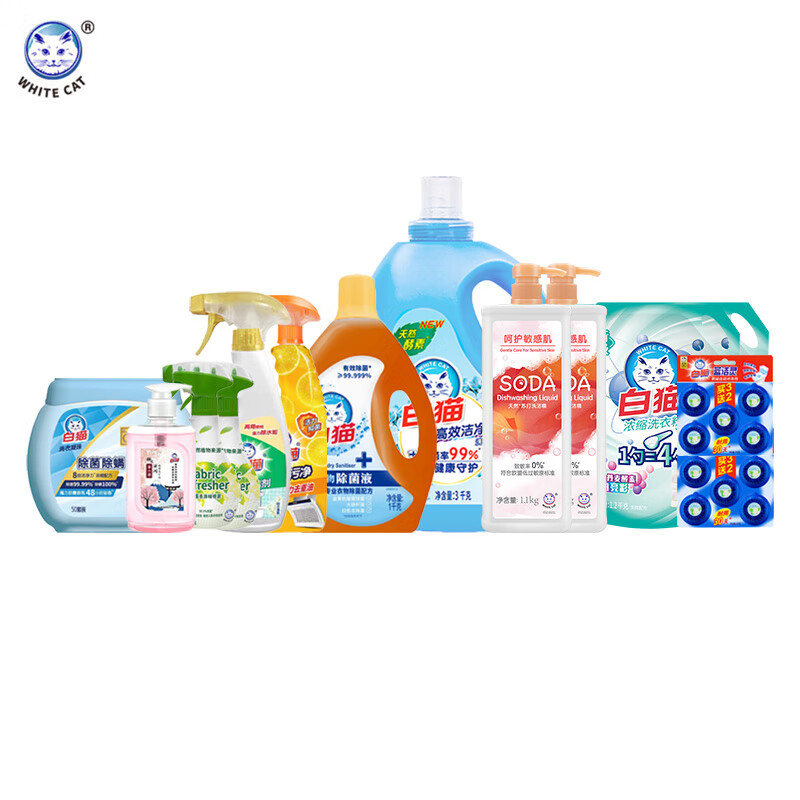 白猫家居衣物清洁大礼包26.3斤(洗衣液3kg+洗洁精1.1kg*2+洗衣粉1.2kg*2+除菌液1kg)