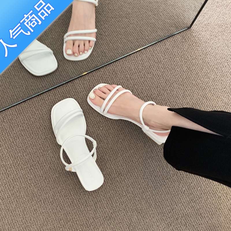 SUNTEK高跟凉鞋女款夏季2023新款时尚一字带法式配裙粗跟罗马鞋两穿凉拖高清大图