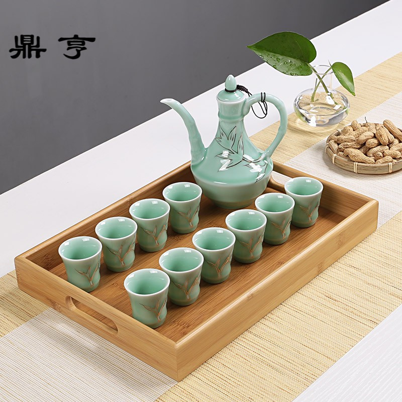 鼎亨陶瓷酒具套装 青瓷白酒杯分酒器温酒器烈酒杯 复古温酒壶中式