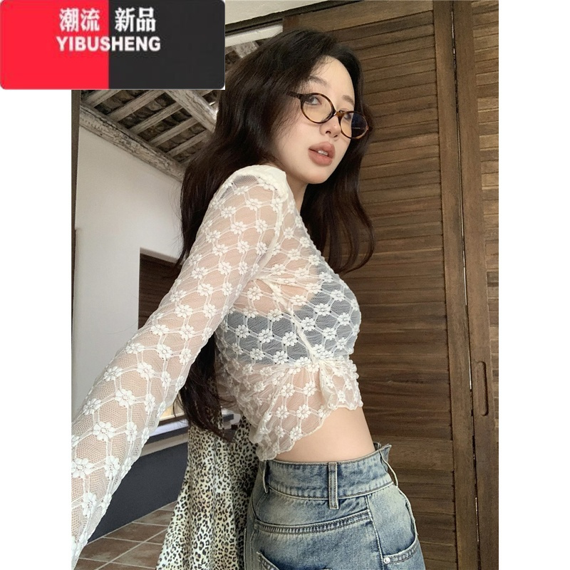 YIBUSHENG辣妹风刺绣网纱长袖T恤女春季小众别致罩衫收腰显瘦上衣
