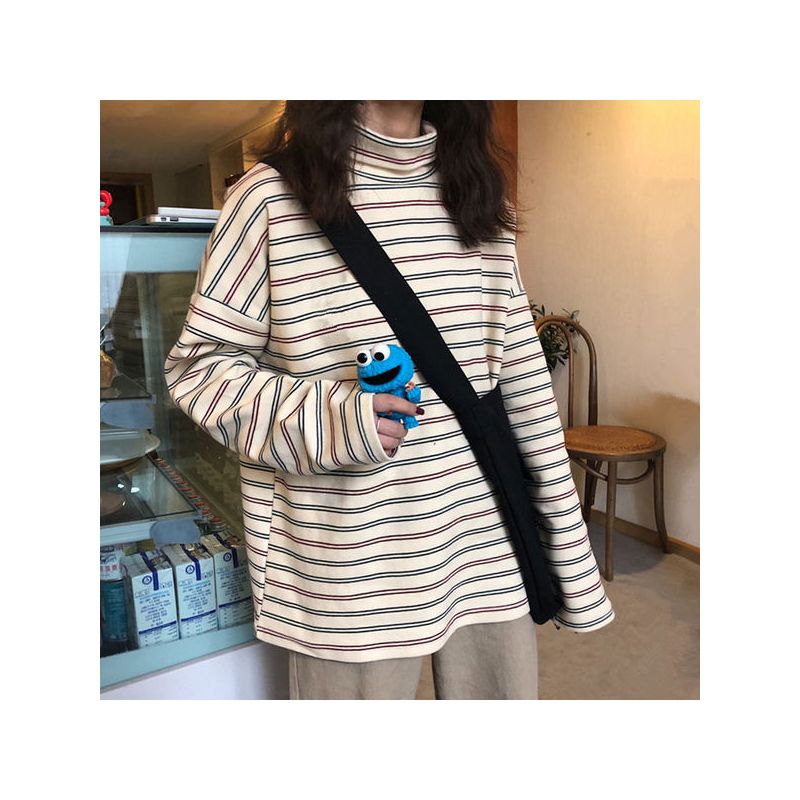 秋冬高领打底衫女加绒宽松韩版内搭长袖t恤学生百搭条纹上衣ins潮