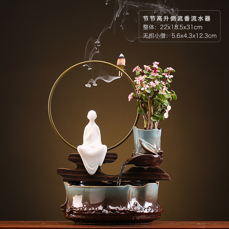 陶瓷流水摆件客厅鱼缸循环水缸造景办公室桌面创意家居饰品倒流香 三维工匠 节节高升-坐禅无相小僧高清大图