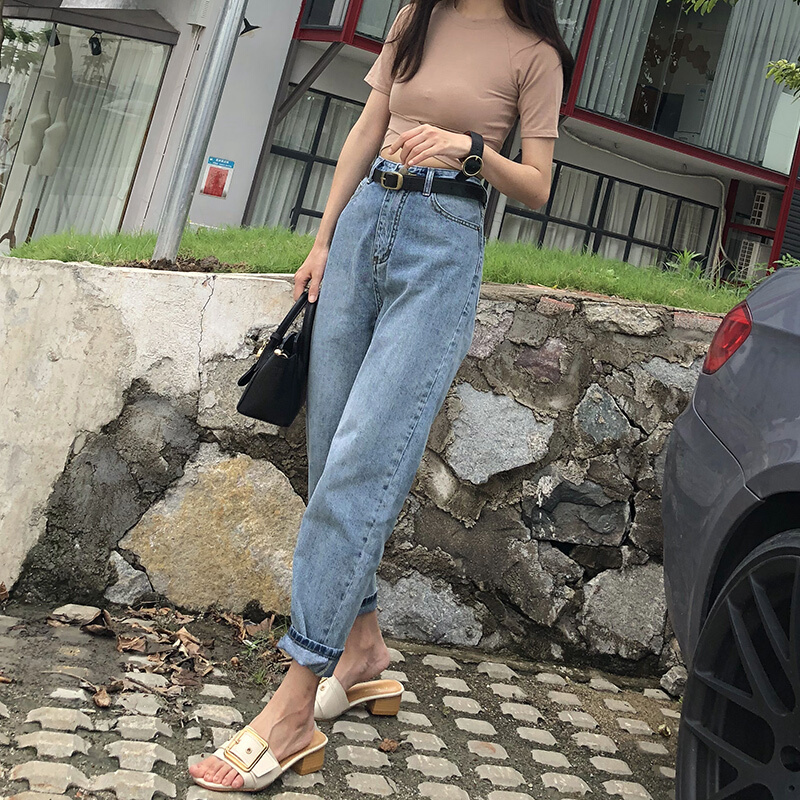 复古高腰牛仔裤女chic港味修身直筒裤2018夏秋宽松学生百搭九分裤蓝色