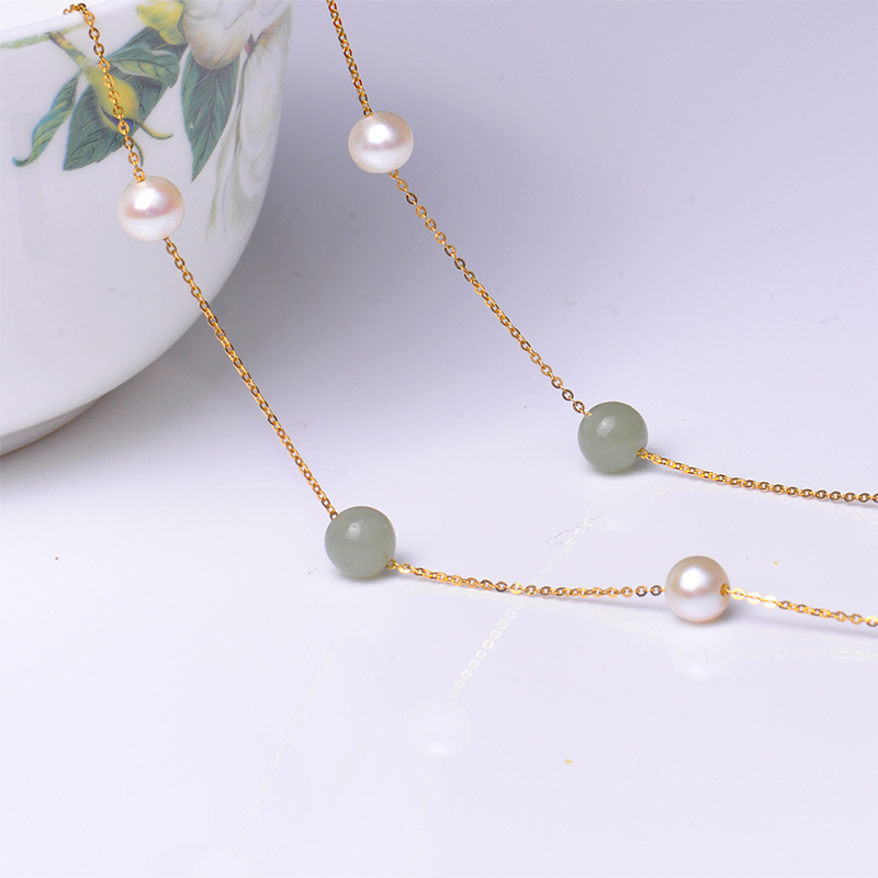 梦克拉 18k金淡水珍珠和田玉项链 仲夏夜 满天星 毛衣链 多圈手链 一款多戴高清大图